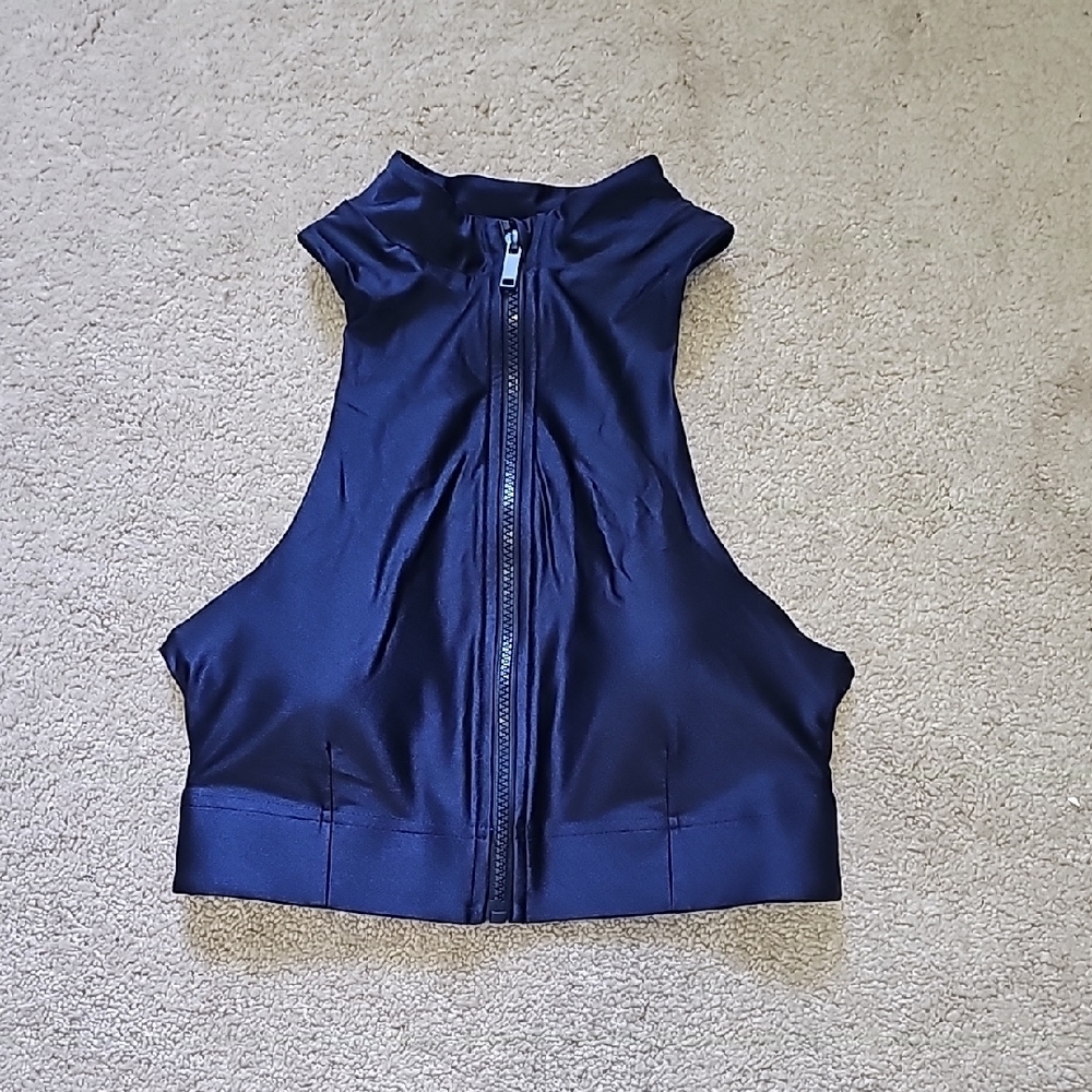 Fabletics Navy Shimmery Zip-Up Crop Top
